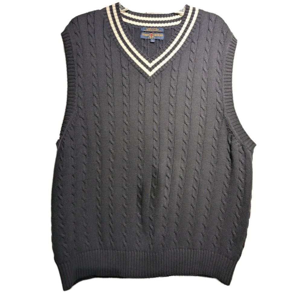 Vtg Tommy Hilfiger Golf Sweater Vest Mens L Blue Cable Knit Vneck Pullover